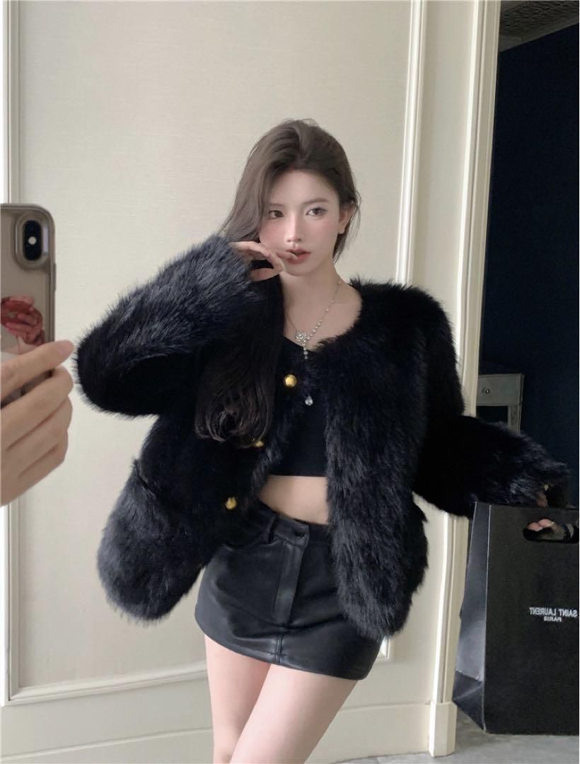 新品 未使用 レディース ファッション系 韓国 服 レディース コート 黒 ファーコート レディース ブルゾン ファー 黒