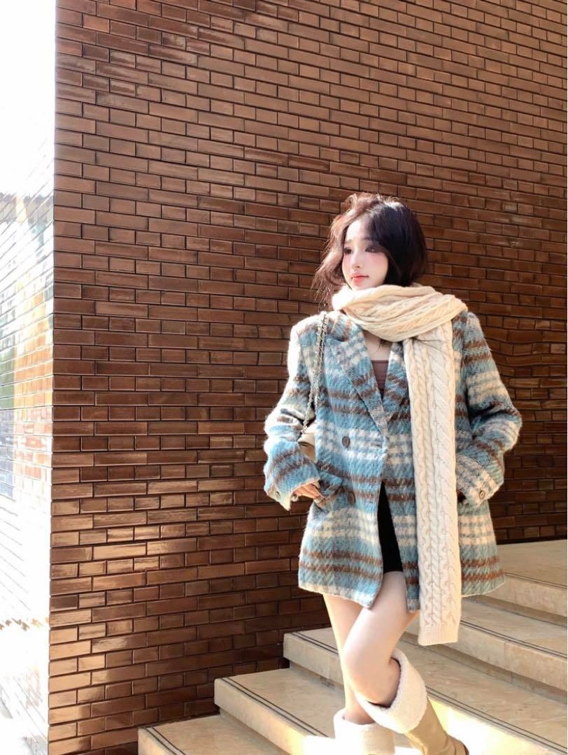 新品 未使用 レディース ファッション系 韓国 服 レディース コート チェック柄 レディース アウター 水色 ピーコート