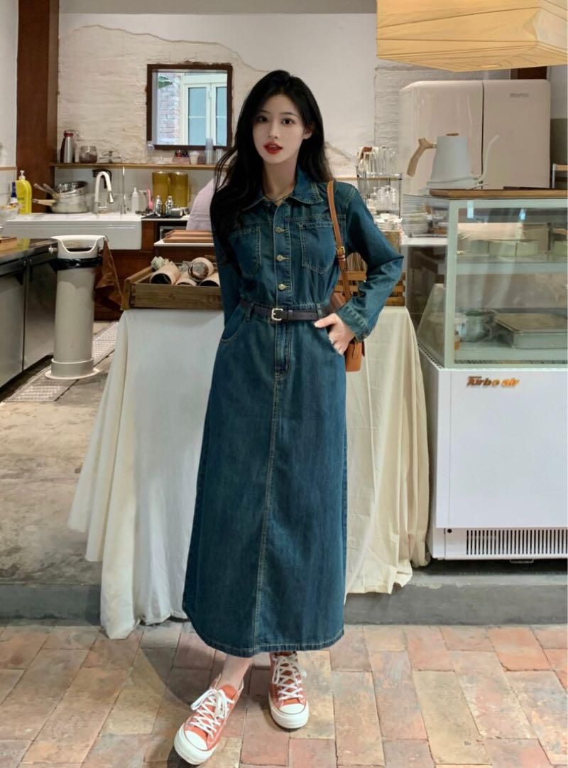 新品 未使用 レディース ファッション系 韓国 服 レディース ワンピース 青 ロングワンピース デニム ワンピース 長袖