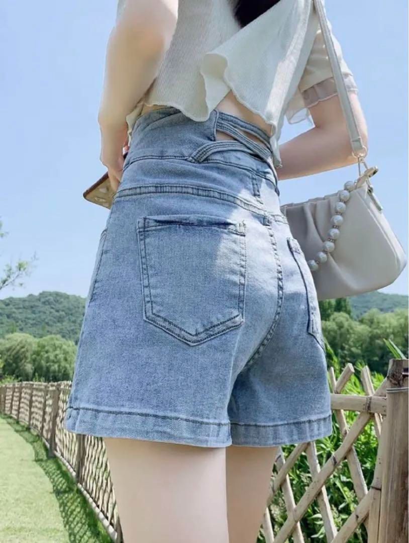 新品 未使用 レディース ファッション系 韓国 服 レディース ショートパンツ 青 パンツ ハイウエスト デニム 人気 青