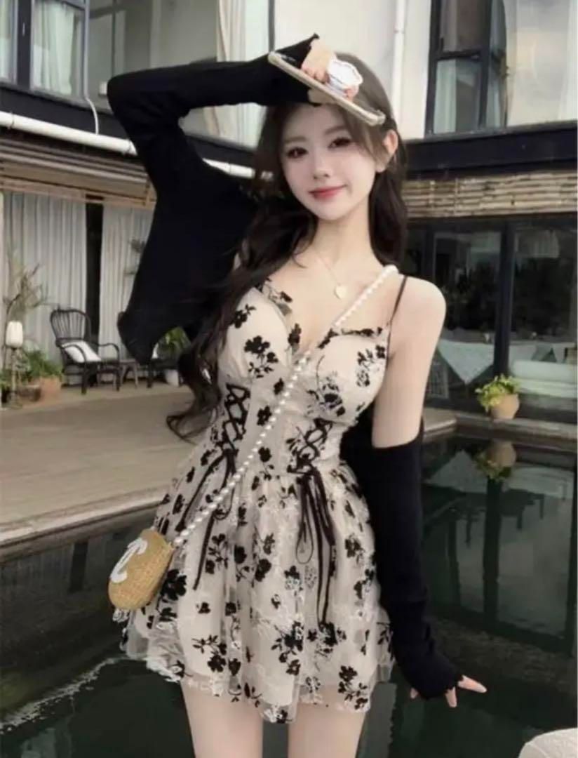 新品 未使用 レディース ファッション系 韓国 服 レディース ワンピース 花柄 ミニ レース ミニワンピース シアー