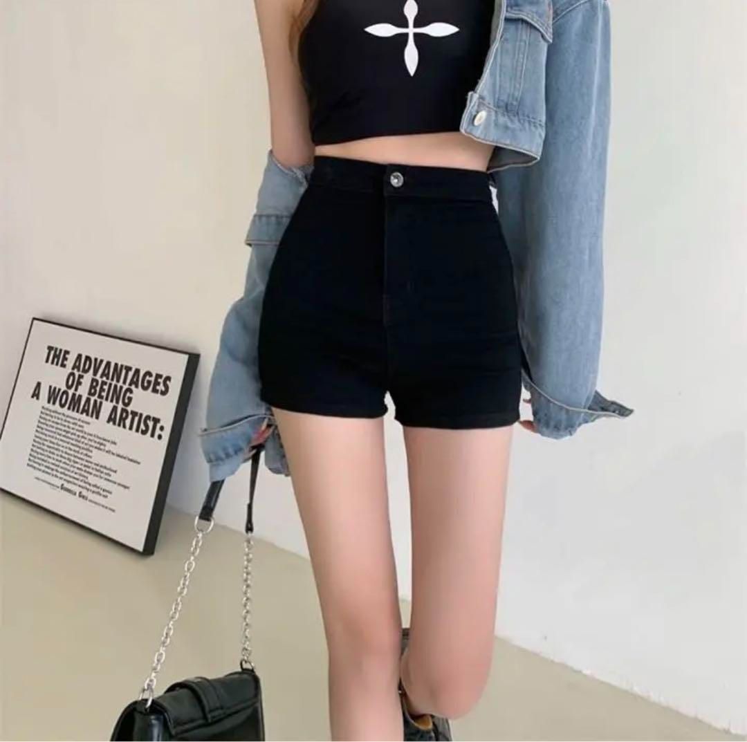 新品 未使用 レディース ファッション系 ショートパンツ ハイウエスト 黒 韓国 服 レディース パンツ シンプル 人気