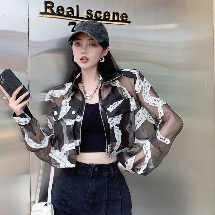 新品 未使用 レディース ファッション系 韓国 服 レディース トップス 黒 シアー アウター ブルゾン ストリート