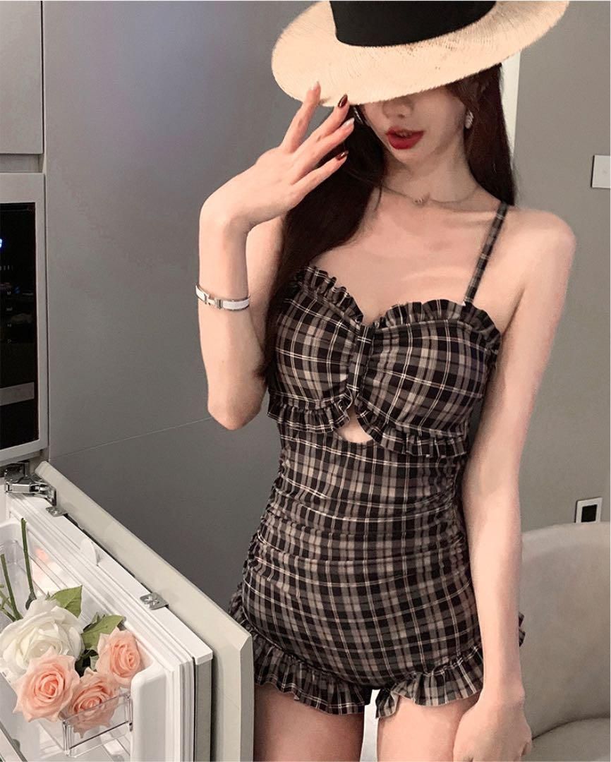 新品 未使用 レディース ファッション系 体型カバー 水着 レディース ワンピース チェック柄 韓国 服 レディース