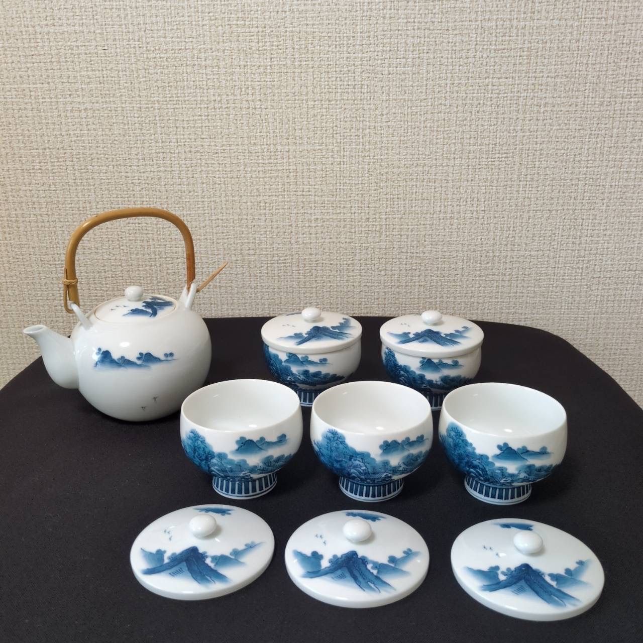 有田焼 畑萬陶苑 染付山水 茶器セット 蓋付湯呑5客 急須 鍋島焼 伝統