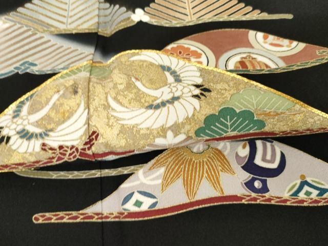 平和屋着物●創業460年・千總　黒留袖　駒刺繍　双鶴吉祥松文　金彩　正絹　逸品　AABH7139cs 平和屋着物○創業460年・千總 黒留袖 駒刺繍 双鶴吉祥松文 金彩 正絹
