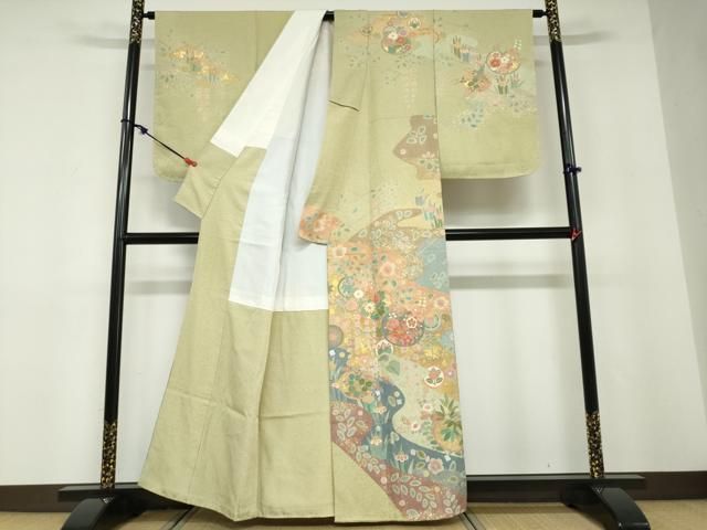 平和屋着物●訪問着　作家物　駒刺繍　流水草花丸文　金彩　正絹　逸品　未使用　DABD9214ud 平和屋着物○訪問着 作家物 駒刺繍 流水草花丸文 金彩 正絹 逸品 未