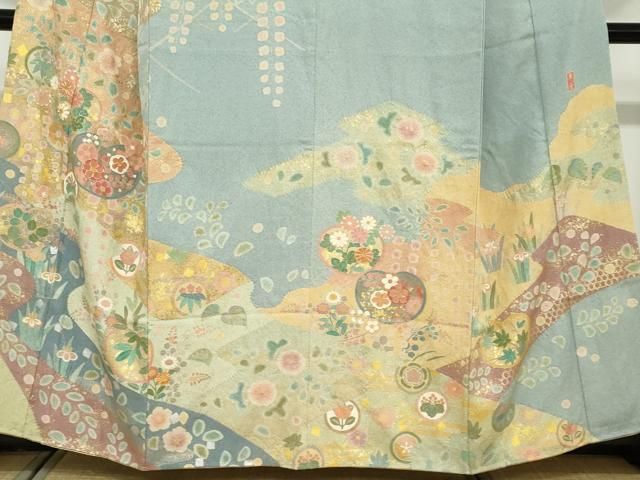 平和屋着物●訪問着　作家物　駒刺繍　流水草花丸文　金彩　正絹　逸品　未使用　DABD9214ud 平和屋着物○訪問着 作家物 駒刺繍 流水草花丸文 金彩 正絹 逸品 未