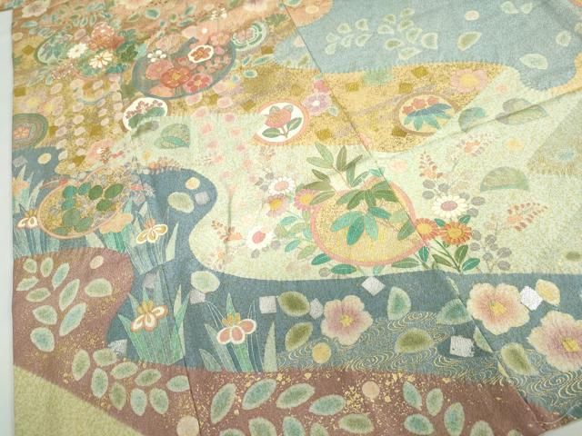 平和屋着物●訪問着　作家物　駒刺繍　流水草花丸文　金彩　正絹　逸品　未使用　DABD9214ud 平和屋着物○訪問着 作家物 駒刺繍 流水草花丸文 金彩 正絹 逸品 未