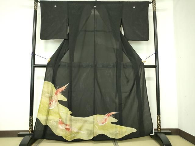 平和屋着物＊夏物　黒留袖　絽　尾長鳥　金彩　洗える着物　DABE1415op 平和屋着物＊夏物 黒留袖 絽 尾長鳥 金彩 洗える着物 DABE1415op