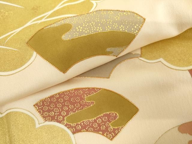 平和屋着物●訪問着　駒刺繍　雲取り地紙露芝花文　金彩　正絹　逸品　AABH7148cs 平和屋着物○訪問着 駒刺繍 雲取り地紙露芝花文 金彩 正絹 逸品