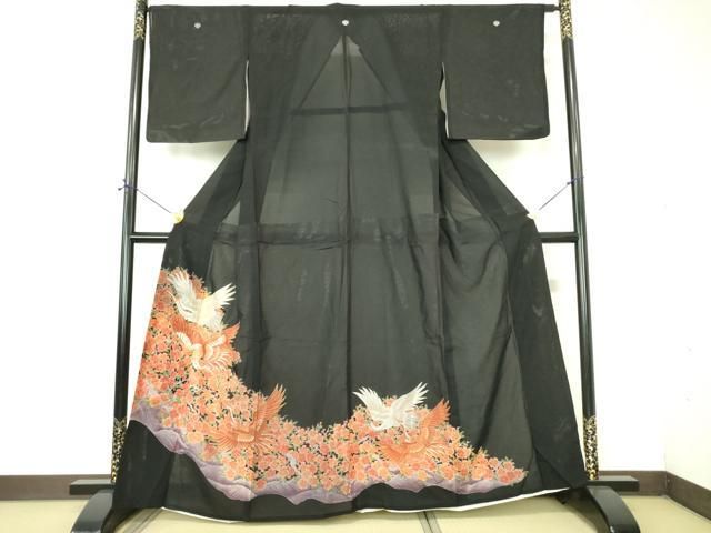 平和屋着物＊夏物　黒留袖　絽　刺繍　飛鶴花文　金糸　洗える着物　DABE1418op 平和屋着物＊夏物 黒留袖 絽 刺繍 飛鶴花文 金糸 洗える着物