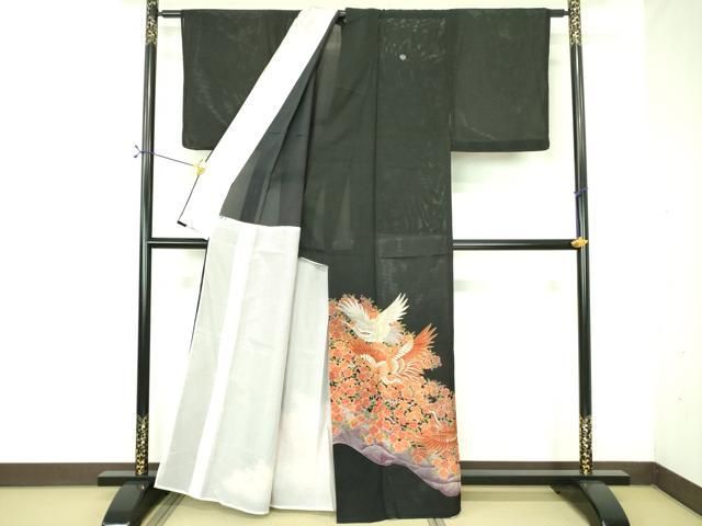 平和屋着物＊夏物　黒留袖　絽　刺繍　飛鶴花文　金糸　洗える着物　DABE1418op 平和屋着物＊夏物 黒留袖 絽 刺繍 飛鶴花文 金糸 洗える着物