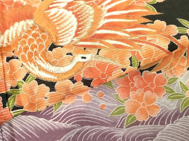 平和屋着物＊夏物 黒留袖 絽 刺繍 飛鶴花文 金糸 洗える着物