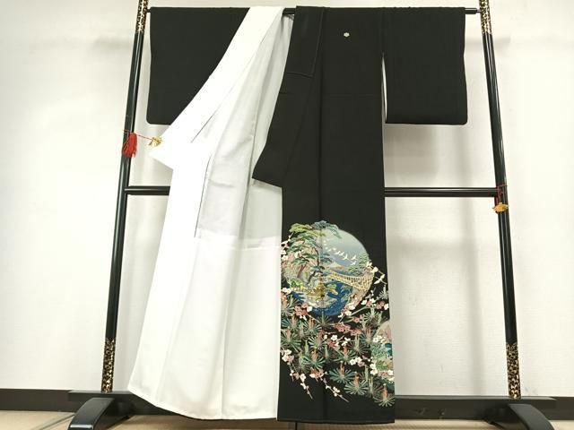 平和屋着物●豪華黒留袖　加賀五彩　友禅　作家物　草木染　風景花鳥文　暈し染め　正絹　逸品　AABH4840fy 平和屋着物○豪華黒留袖 加賀五彩 友禅 作家物 草木染 風景花鳥文 暈し