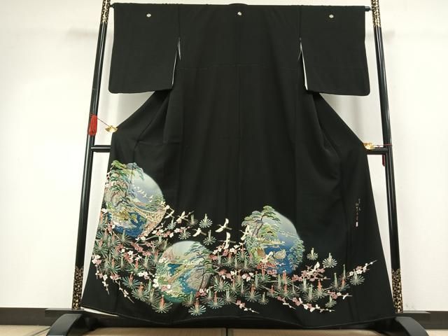 平和屋着物●豪華黒留袖　加賀五彩　友禅　作家物　草木染　風景花鳥文　暈し染め　正絹　逸品　AABH4840fy 平和屋着物○豪華黒留袖 加賀五彩 友禅 作家物 草木染 風景花鳥文 暈し
