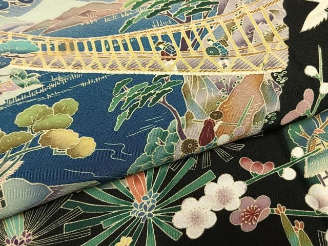 平和屋着物●豪華黒留袖　加賀五彩　友禅　作家物　草木染　風景花鳥文　暈し染め　正絹　逸品　AABH4840fy 平和屋着物○豪華黒留袖 加賀五彩 友禅 作家物 草木染 風景花鳥文 暈し