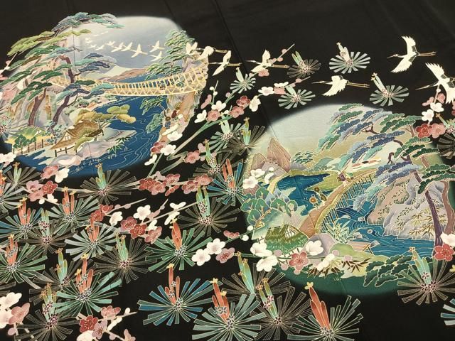 平和屋着物●豪華黒留袖　加賀五彩　友禅　作家物　草木染　風景花鳥文　暈し染め　正絹　逸品　AABH4840fy 平和屋着物○豪華黒留袖 加賀五彩 友禅 作家物 草木染 風景花鳥文 暈し