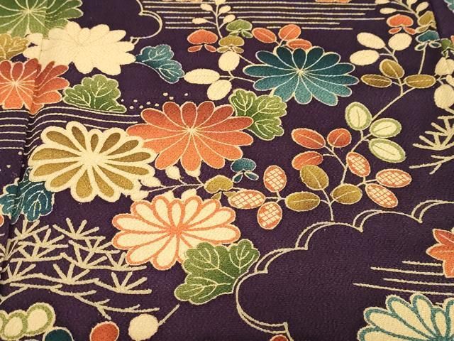 平和屋着物○訪問着 型染め 流水草花文 鬼しぼ縮緬 正絹 逸品