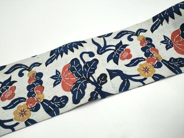 平和屋着物●浦野理一　型染　九寸名古屋帯　花唐草文　正絹　逸品　CABG6109hy 平和屋着物○浦野理一 型染 九寸名古屋帯 花唐草文 正絹 逸品