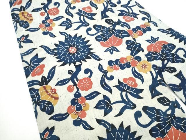 平和屋着物●浦野理一　型染　九寸名古屋帯　花唐草文　正絹　逸品　CABG6109hy 平和屋着物○浦野理一 型染 九寸名古屋帯 花唐草文 正絹 逸品