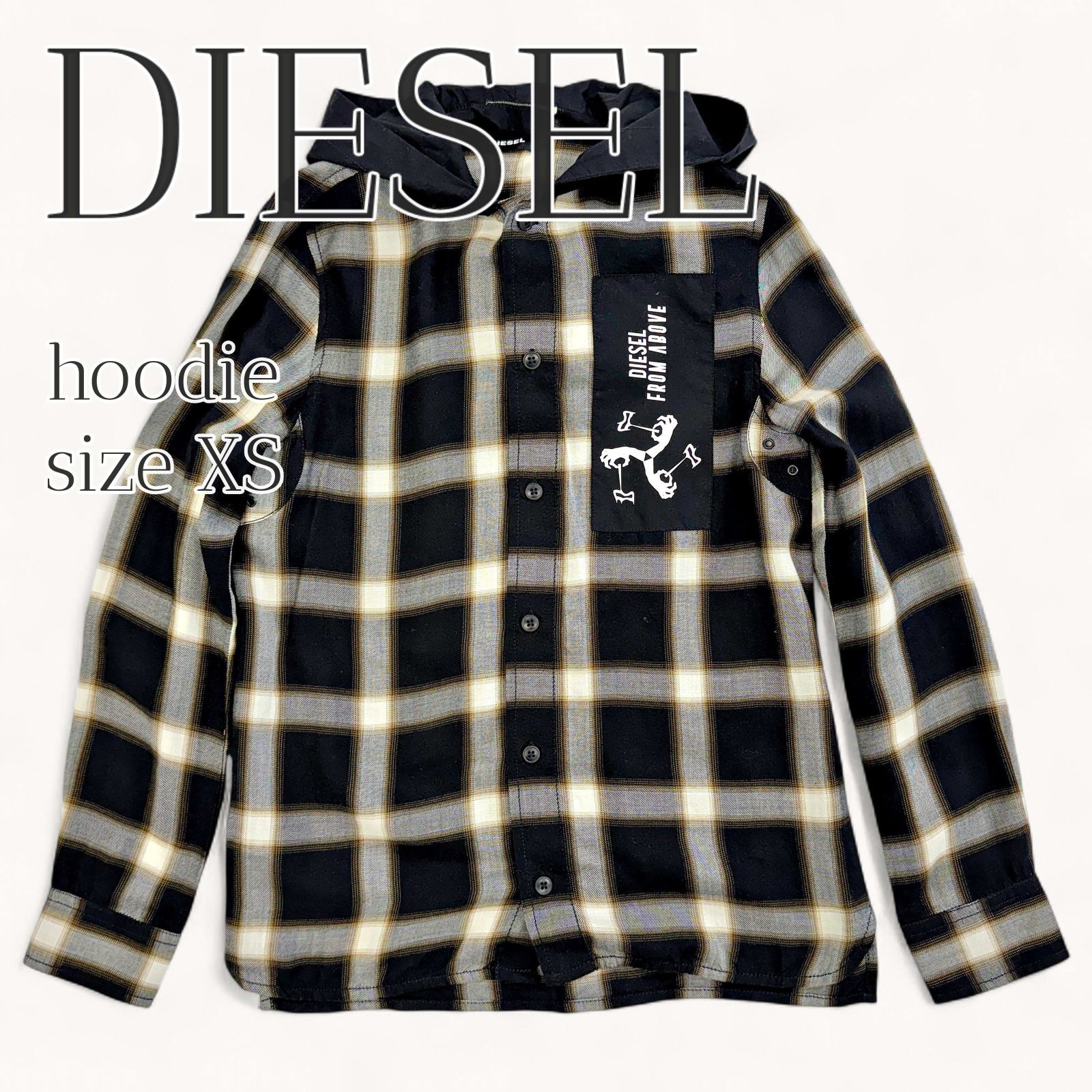 DIESEL フード付きチェックシャツ XS ～S相当 ブラック ベージュ 