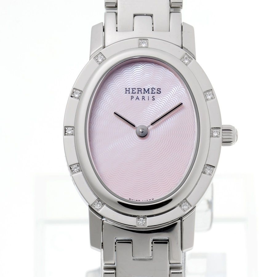Hermes/HERMES clipper oval nacre CO 1.230 12P diamond bezel pink shell quartz [pre]
