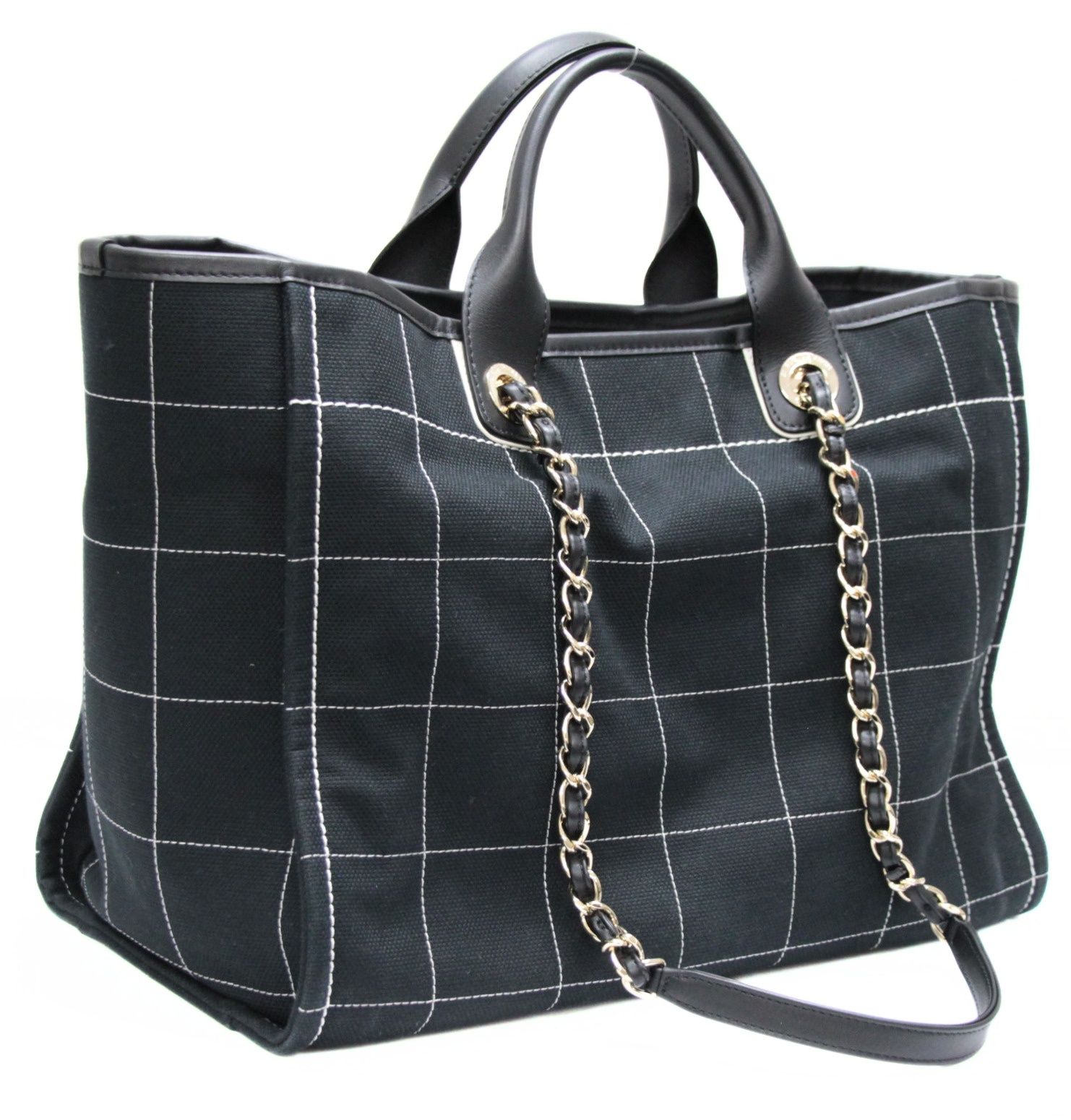 シャネル CHANEL ドーヴィルGM チョコバー 2WAYチェーントートバッグ キャンバス×レザー 黒 G金具 シリアルプレート 【74406】 シャネル CHANEL ドーヴィルGM チョコバー 2WAYチェーントートバッグ