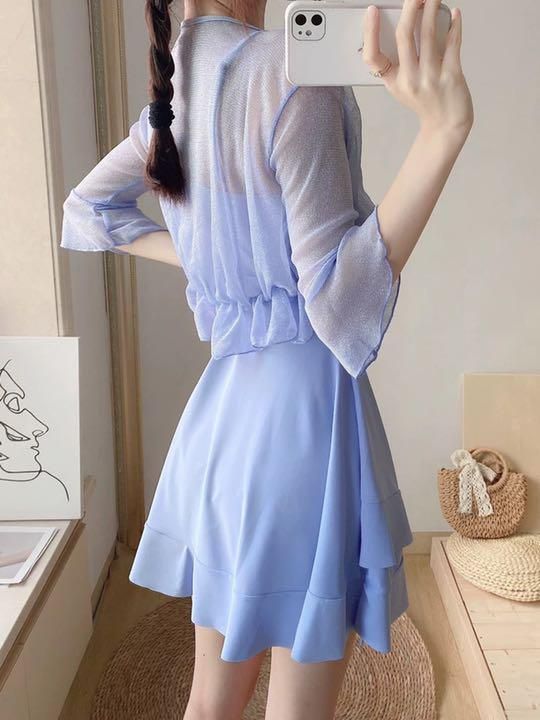 新品 未使用 レディース ファッション系 体型カバー 水着 レディース ワンピース 青 ラッシュガード シアー 韓国
