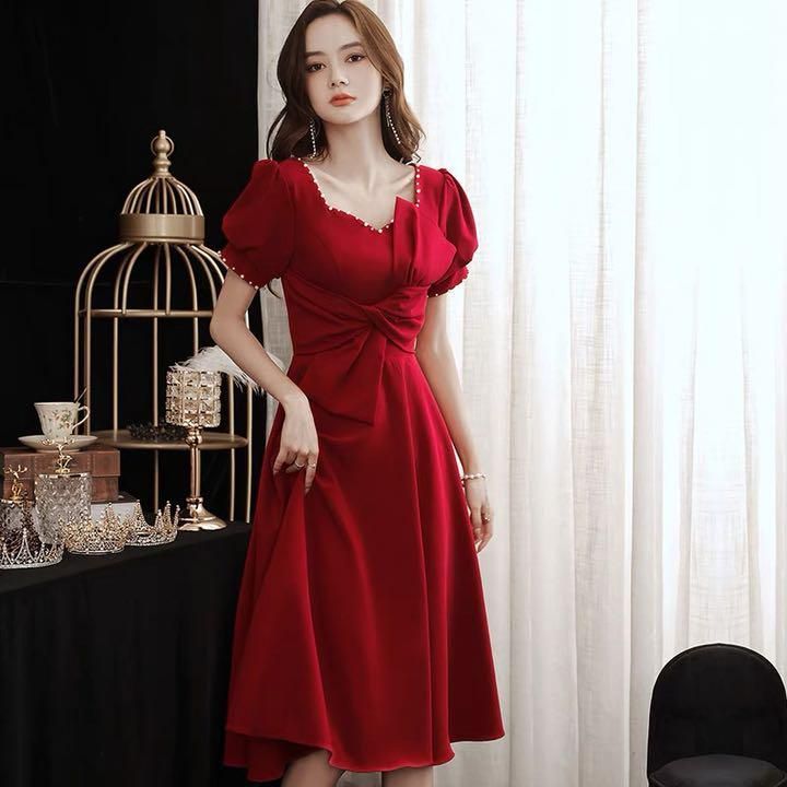 新品 未使用 レディース ファッション系 ワンピース ロング パーティードレス ロング リボン 赤 結婚式 お呼ばれ