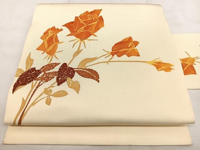 平和屋着物◎塩瀬 九寸名古屋帯 ろうけつ染め 薔薇 正絹 逸品