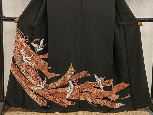 平和屋着物□豪華黒留袖 駒刺繍 飛鶴花文 金彩 正絹 逸品 BAAX1440mz