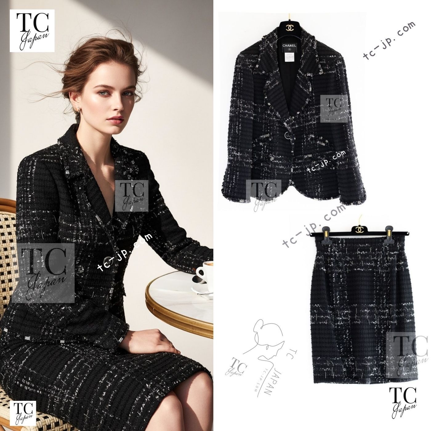 シャネル ジャケット スーツ CHANEL ブラック ビーズ チェーン コットン ウール ツイード スカート カール・ラガーフェルド 貴重 超美品 38 シャネル ジャケット スーツ CHANEL ブラック ビーズ チェーン