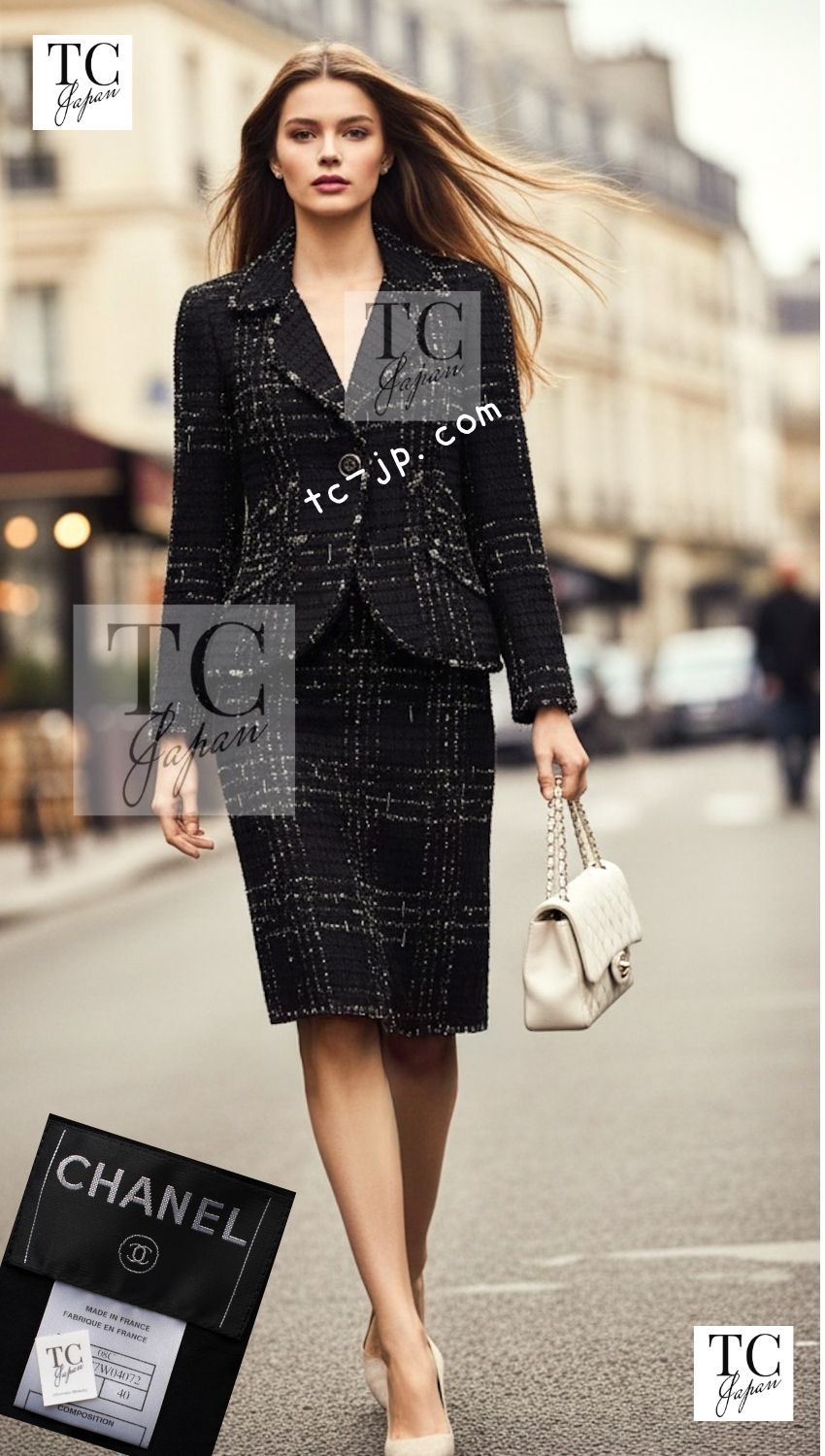 シャネル ジャケット スーツ CHANEL ブラック ビーズ チェーン コットン ウール ツイード スカート カール・ラガーフェルド 貴重 超美品 38 シャネル ジャケット スーツ CHANEL ブラック ビーズ チェーン