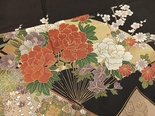 平和屋着物□豪華黒留袖 扇面牡丹花文 金彩 正絹 逸品 BAAX1482mz