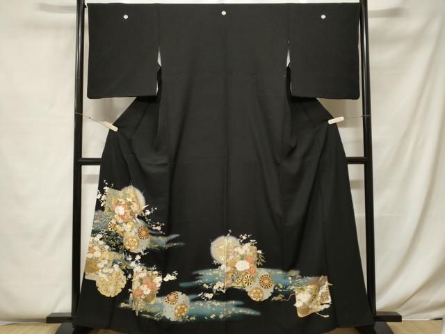 平和屋着物▽上質な小紋　単衣　雪輪花弁文　黒地　金彩　正絹　逸品　BAAW2203yc 平和屋着物□豪華黒留袖 刺繍 雪輪鳳凰花文 暈し染め 金彩 正絹 逸品