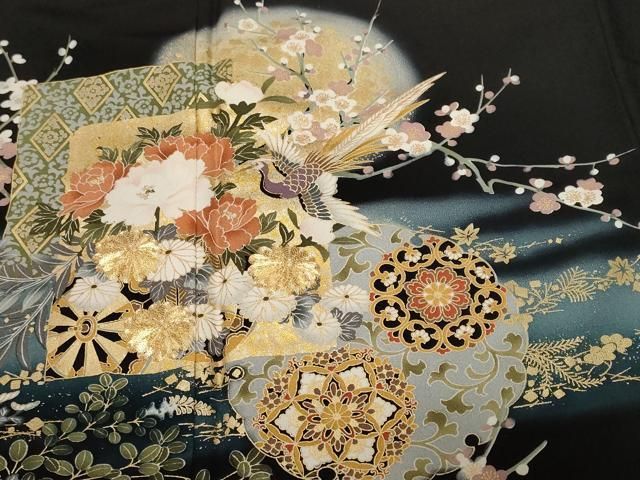 平和屋着物●豪華振袖　駒刺繍　雪輪鳳凰花蝶文　暈し染め　金彩　正絹　逸品　AABG2770cs 平和屋着物○豪華振袖 総絞り 駒刺繍 草花丸文 黒地 金彩 正絹 逸品