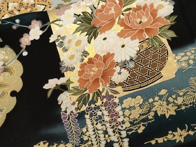 平和屋着物■豪華黒留袖　刺繍　雪輪鳳凰花文　暈し染め　金彩　正絹　逸品　CABF4178ev 平和屋着物□豪華黒留袖 刺繍 雪輪鳳凰花文 暈し染め 金彩 正絹 逸品