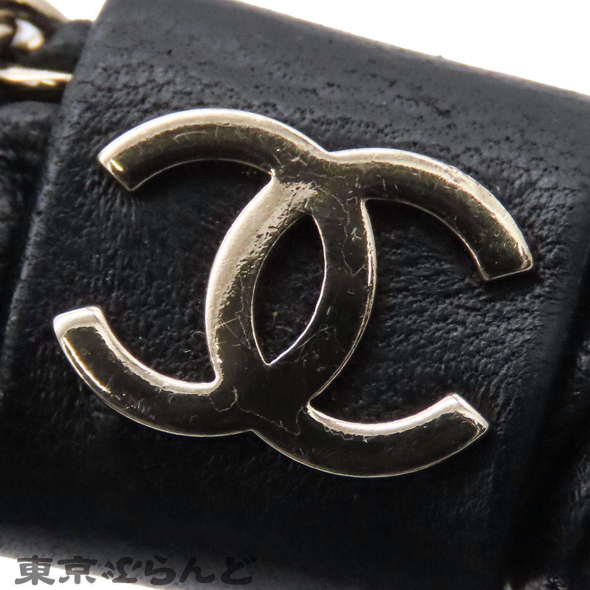 シャネル CHANEL シュシュ ブラック ゴールド金具 レザー ヘアゴム