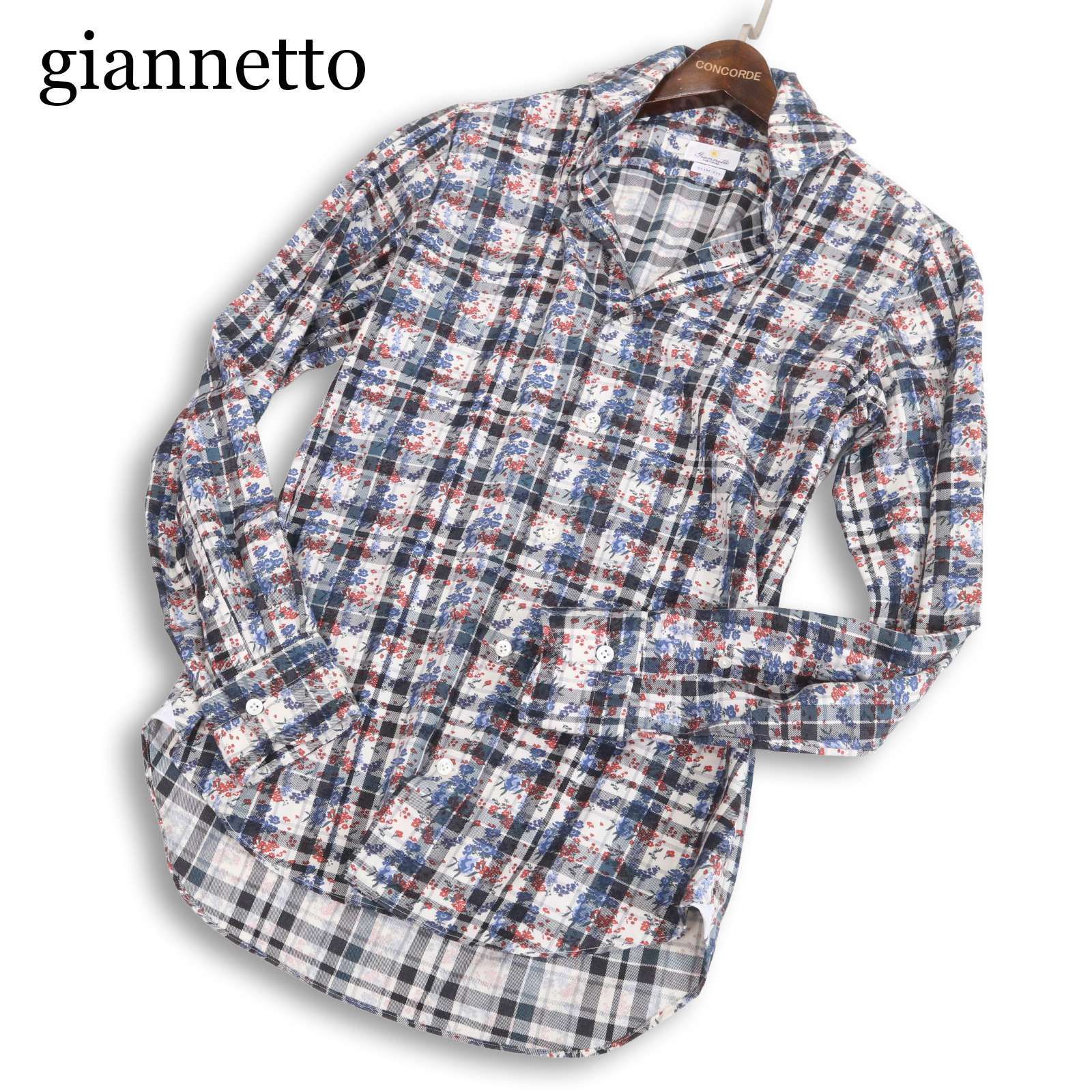 イタリア製 giannetto ジャンネット 花柄 フラワー総柄×チェック 長袖 