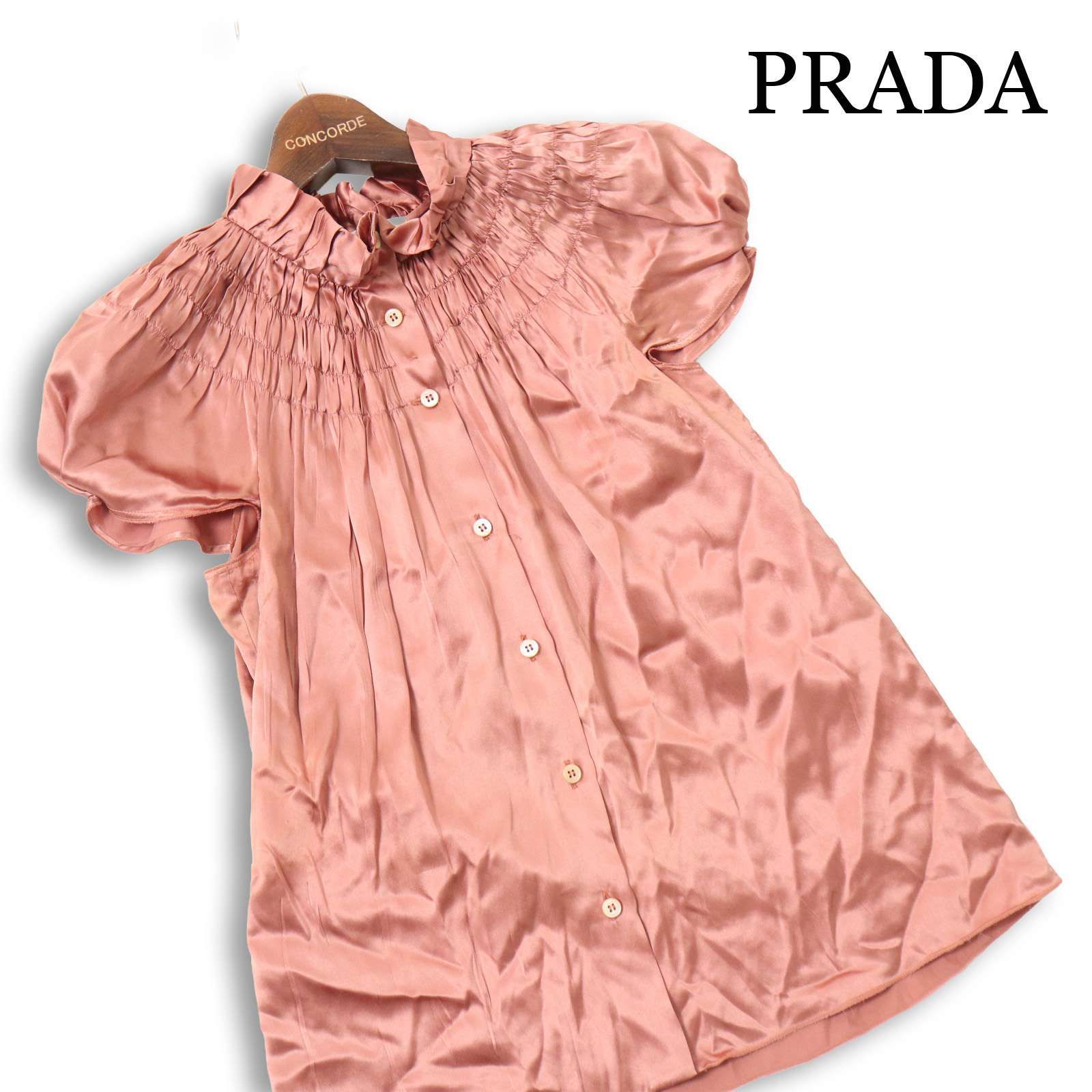 イタリア製★ PRADA プラダ 春夏 シルク100%♪ 半袖 フリル ギャザー ブラウス シャツ Sz.38　レディース イタリア製☆ PRADA プラダ 春夏 シルク100%♪ 半袖 フリル ギャザー