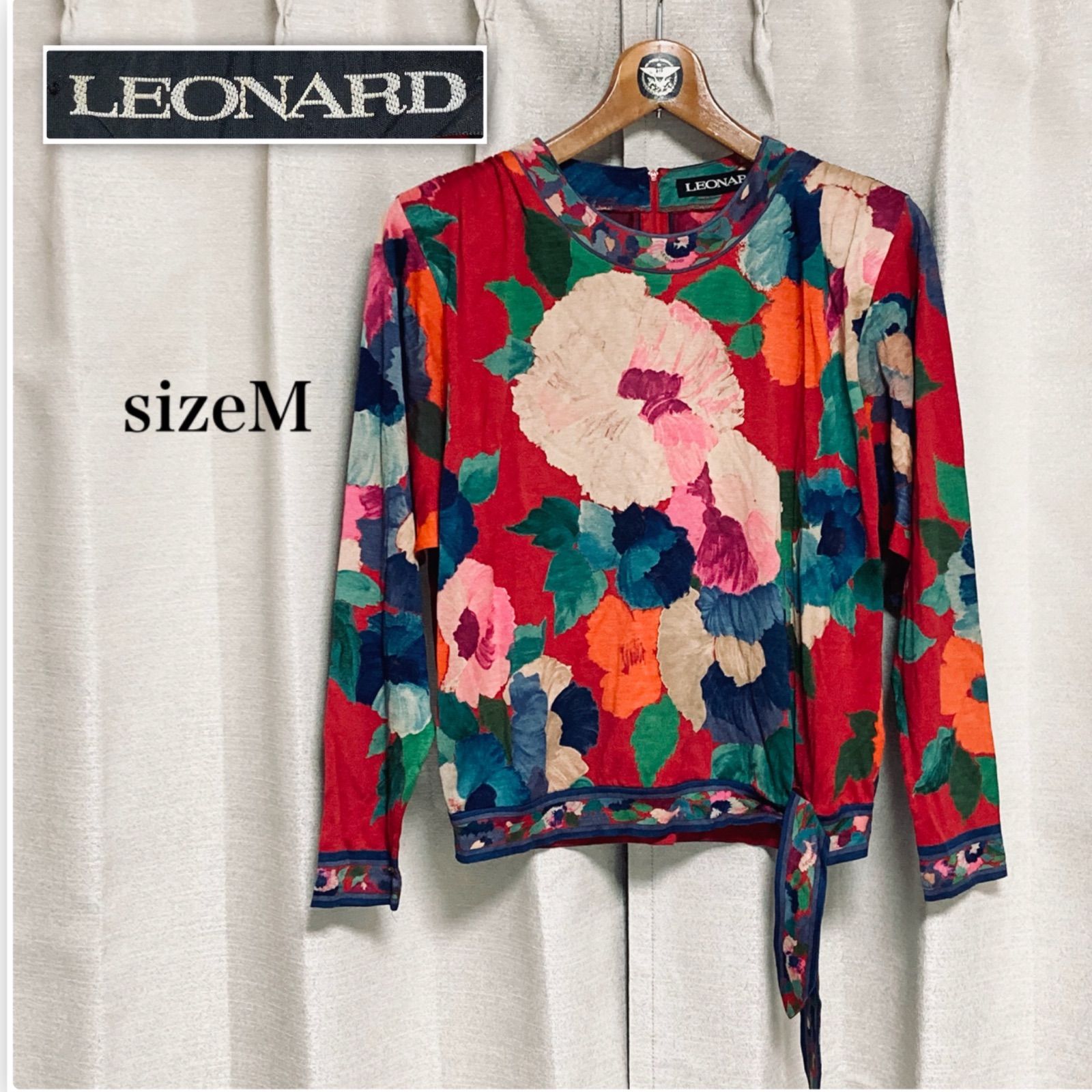 レオナール ウールシルク タートルネックカットソー 花柄 ストレッチ 丈長 M □美品□LEONARD レオナール ウール×シルク 花柄カットソー ラウンド