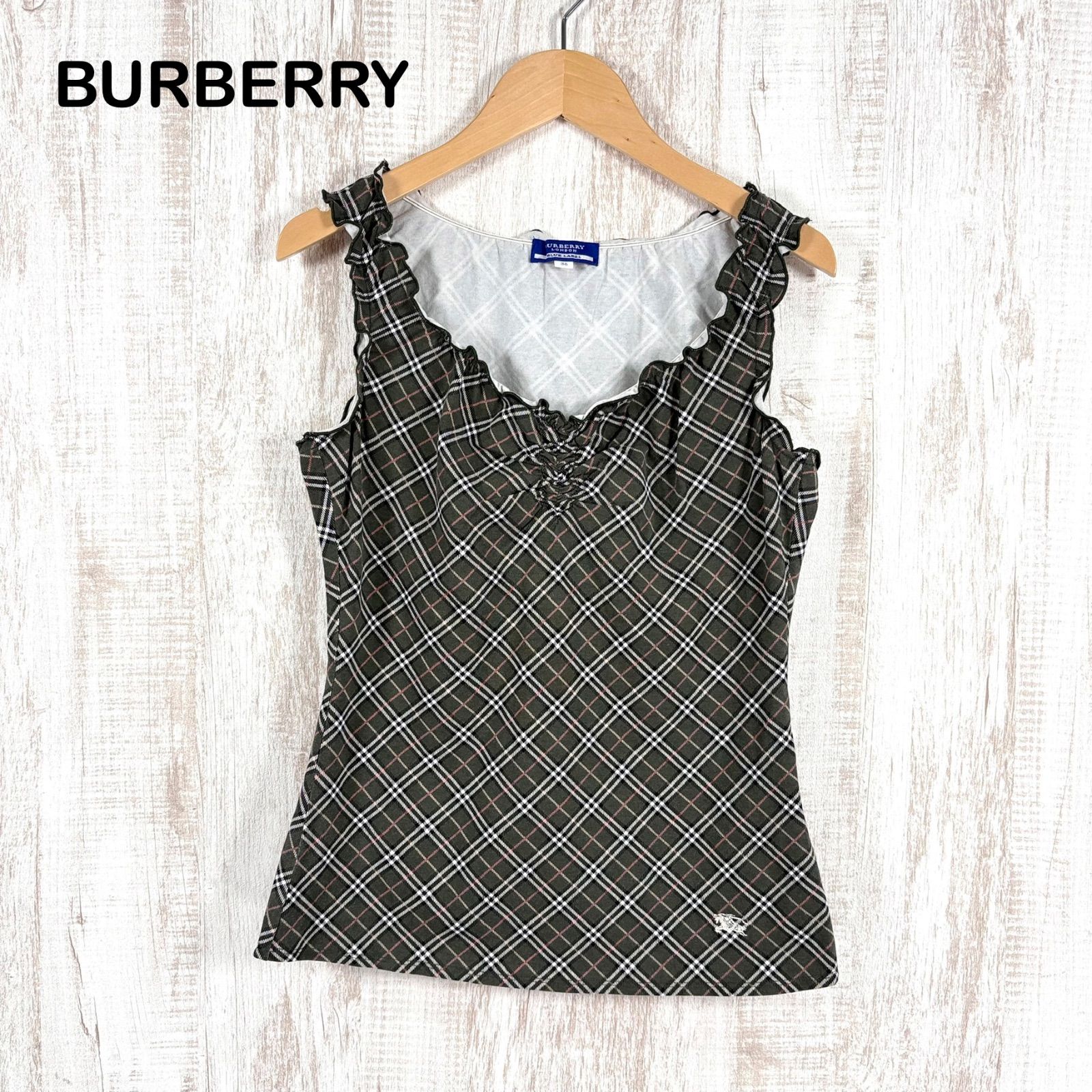 美品 レアカラー 00s BURBERRY BLUE LABEL バーバリーブルーレーベル ホースロゴ刺繡 ノバチェック フリル タンクトップ グリーン レディース ノースリーブ トップス y2k 平成ギャル