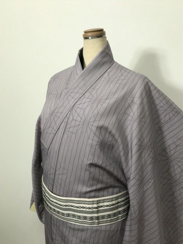 新品 Lサイズ 夏着物 男物 化繊 小紋 薄紫地に麻の葉模様 洗える着物 裄長幅広モデル