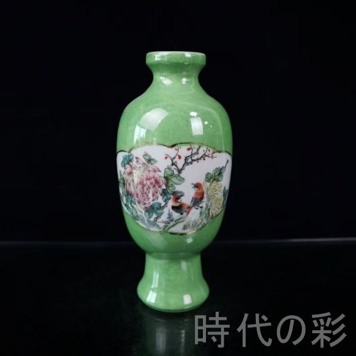 中国古美術 緑釉 粉彩 花鳥図 花瓶 陶磁器 壺 フラワーベース 
