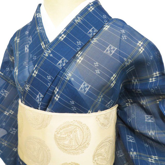 特選 夏物 夏着物 琉球壁上布 着物 中古 正絹 カジュアル 絣模様 紺色 身丈159cm 裄66cm Ｍ きもの北條 A1350-12 特選 夏物 夏着物 琉球壁上布 着物 中古 正絹 カジュアル 絣模様 紺色
