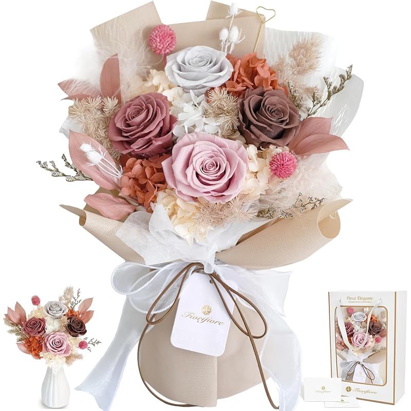 【新品】 Fiorifiore 母の日 プリザーブドフラワー ブーケ 4輪 薔薇花束 自立式 ギフトボックス付き 誕生日 結婚祝い プレゼントに最適 インテリアドライフラワー Vintess 1
