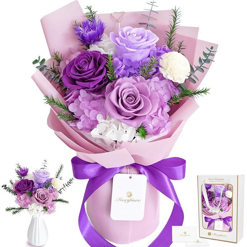 【新品】 Fiorifiore 母の日 プリザーブドフラワー ブーケ 3輪 薔薇花束 自立式 ギフトボックス付き 誕生日 結婚祝い プレゼントに最適 インテリアドライフラワー Mystique 1