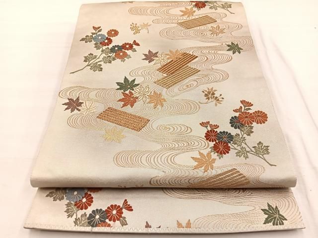 平和屋着物＊夏物　六通柄袋帯　唐織　竜田川　金銀糸　正絹　逸品　DABB3839cm 平和屋着物◎六通柄袋帯 唐織 竜田川筏花文 金糸 正絹 逸品 BAAX0794hv