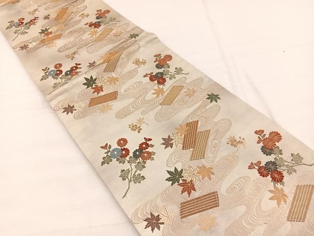 平和屋着物＊夏物　六通柄袋帯　唐織　竜田川　金銀糸　正絹　逸品　DABB3839cm 平和屋着物◎六通柄袋帯 唐織 竜田川筏花文 金糸 正絹 逸品 BAAX0794hv